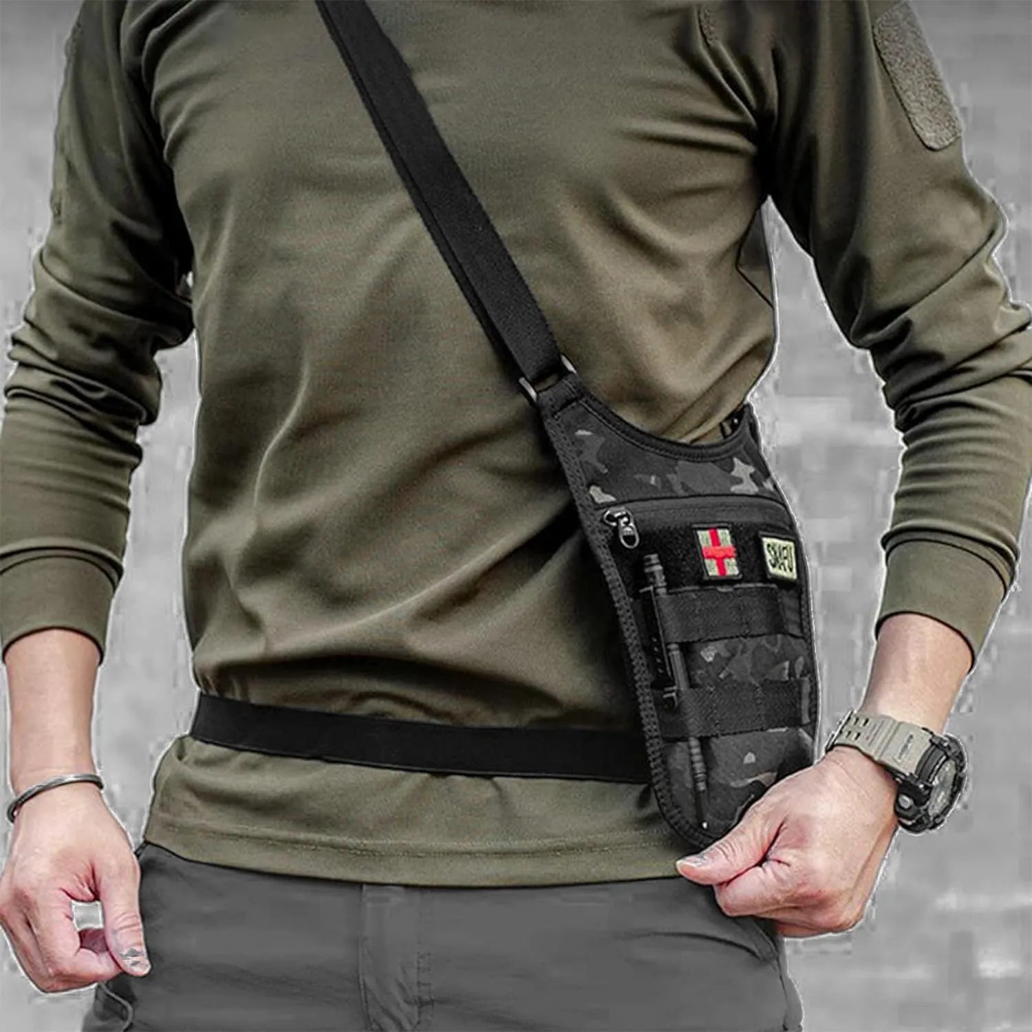 Underarm sling bag for men,Slim anti theft Conceal Carry crossbody tactical Chest Molle bag with Elastic Waistband