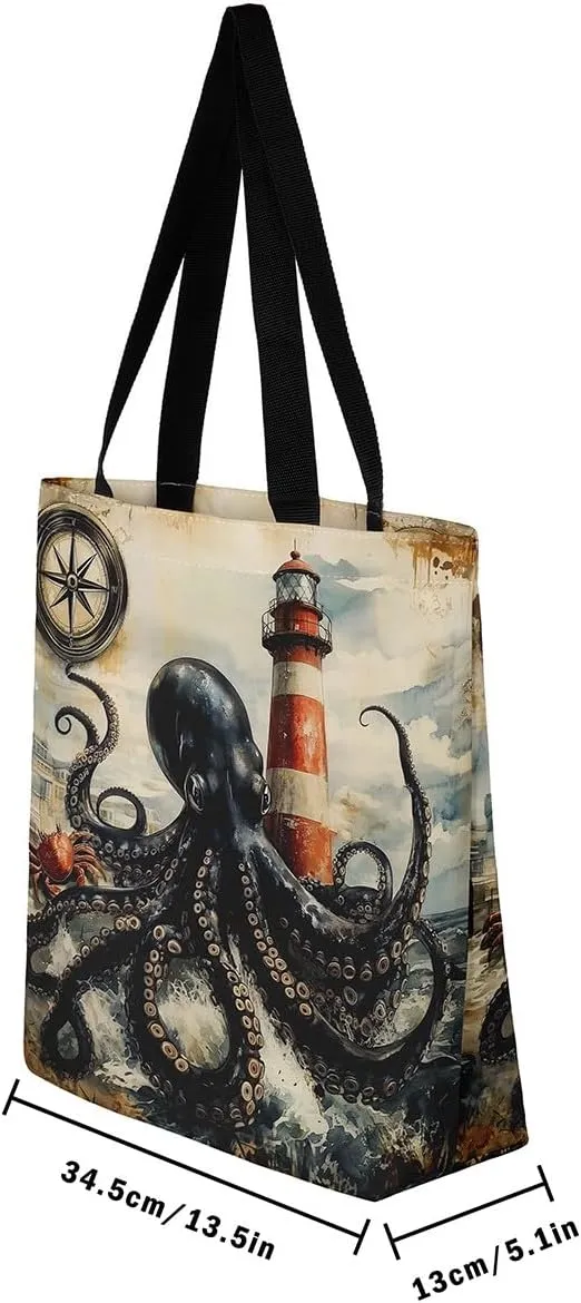 Underwater Sealife Canvas Tote Bag,Ocean Animal Theme Shoulder Handbags for Shopping Gym 19.7x15.7 Inch