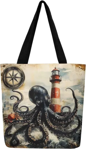 Underwater Sealife Canvas Tote Bag,Ocean Animal Theme Shoulder Handbags for Shopping Gym 19.7x15.7 Inch