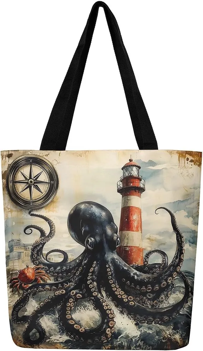 Underwater Sealife Canvas Tote Bag,Ocean Animal Theme Shoulder Handbags for Shopping Gym 19.7x15.7 Inch