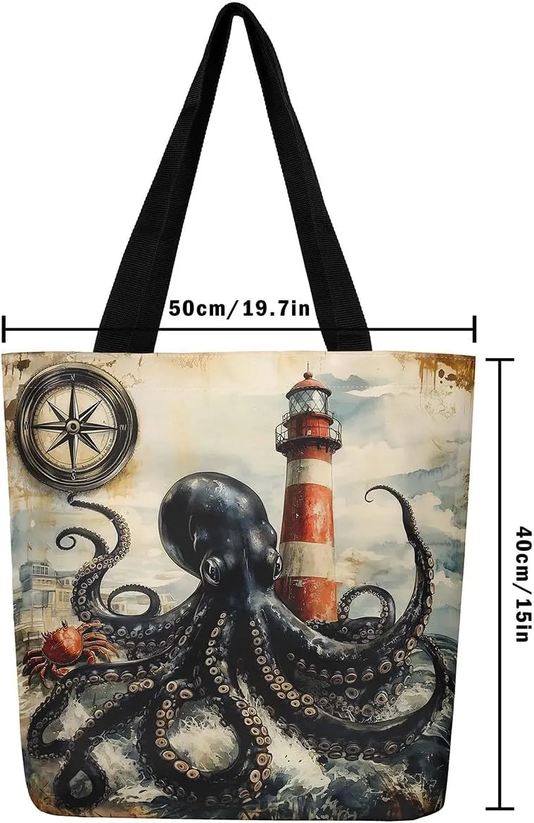 Underwater Sealife Canvas Tote Bag,Ocean Animal Theme Shoulder Handbags for Shopping Gym 19.7x15.7 Inch