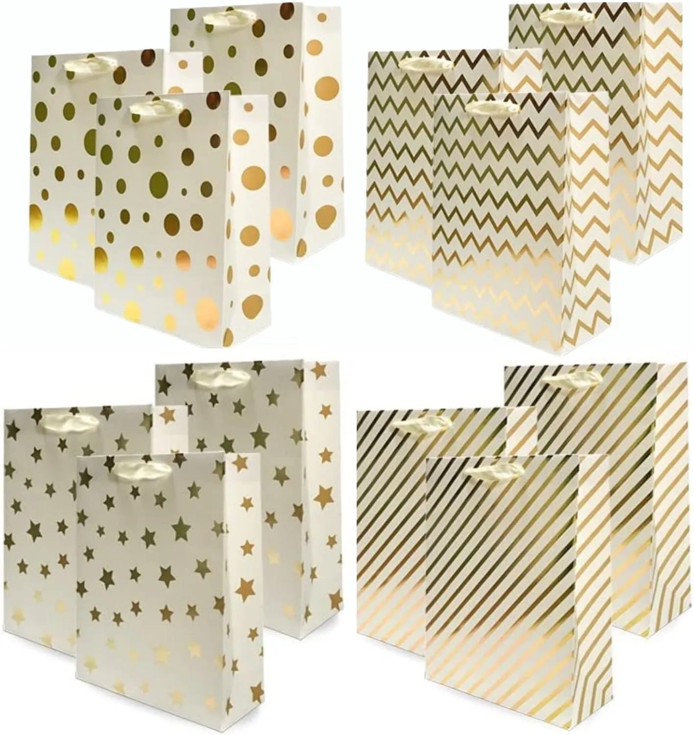 UNIQOOO 12PCS Metallic Gold Christmas Gift Bags Bulk with Handle, Large 12.5 x10 Inch, Assorted Modern Geometric Paper Gift Wrap Bags, For Valentines Day Holiday Birthday Wedding Gift Packaging Decor