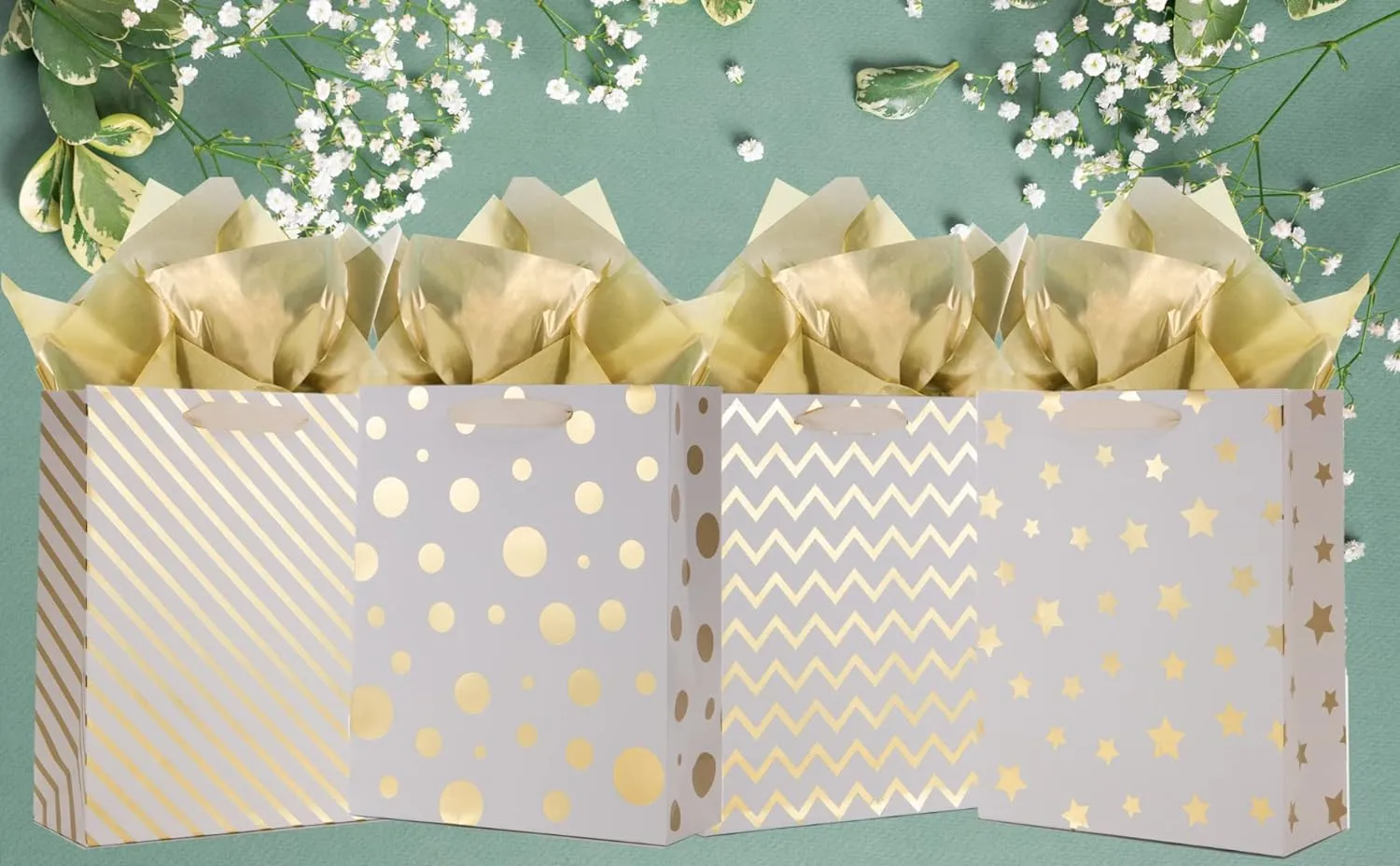 UNIQOOO 12PCS Metallic Gold Christmas Gift Bags Bulk with Handle, Large 12.5 x10 Inch, Assorted Modern Geometric Paper Gift Wrap Bags, For Valentines Day Holiday Birthday Wedding Gift Packaging Decor