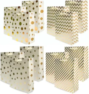 UNIQOOO 12PCS Metallic Gold Christmas Gift Bags Bulk with Handle, Large 12.5 x10 Inch, Assorted Modern Geometric Paper Gift Wrap Bags, For Valentines Day Holiday Birthday Wedding Gift Packaging Decor
