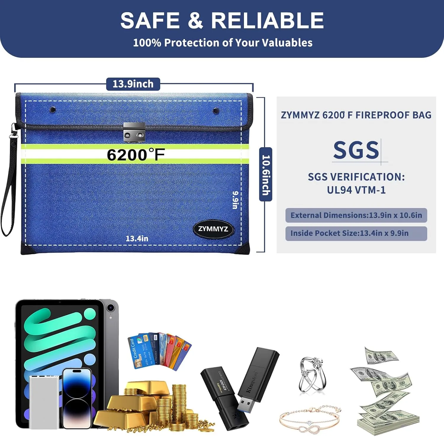 Upgraded 6200°F Fireproof Document Bag Waterproof with Zipper,9 Layers of Heat Insulated Materials,Fireproof Money Bag for Cash,Valuables and Important Documents