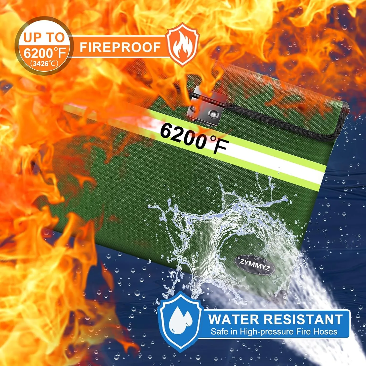 Upgraded Fireproof Document Bag with Lock, Waterproof, 9 Layers of Heat Insulated Materials, 6200F Fireproof Money Bag for Cash, Valuables, Important Documents