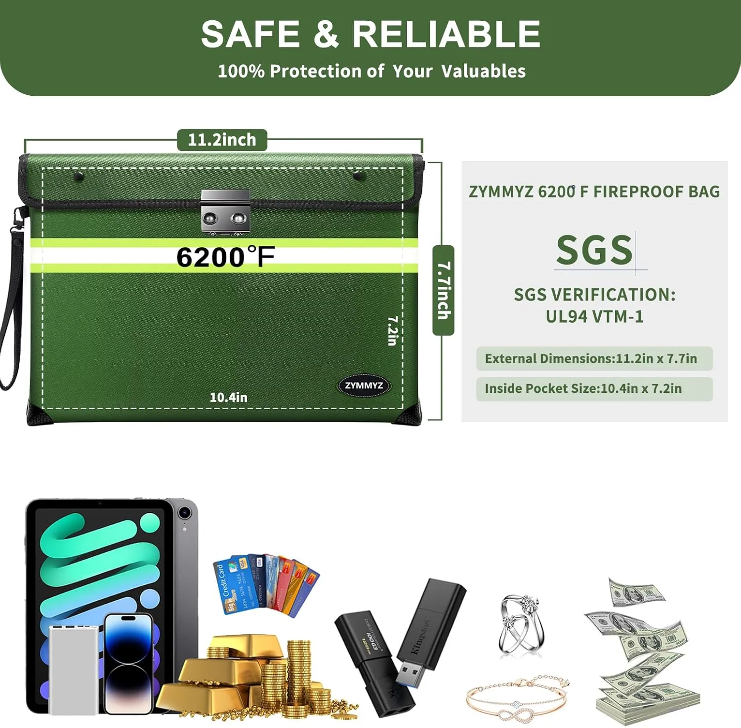 Upgraded Fireproof Document Bag with Lock, Waterproof, 9 Layers of Heat Insulated Materials, 6200F Fireproof Money Bag for Cash, Valuables, Important Documents