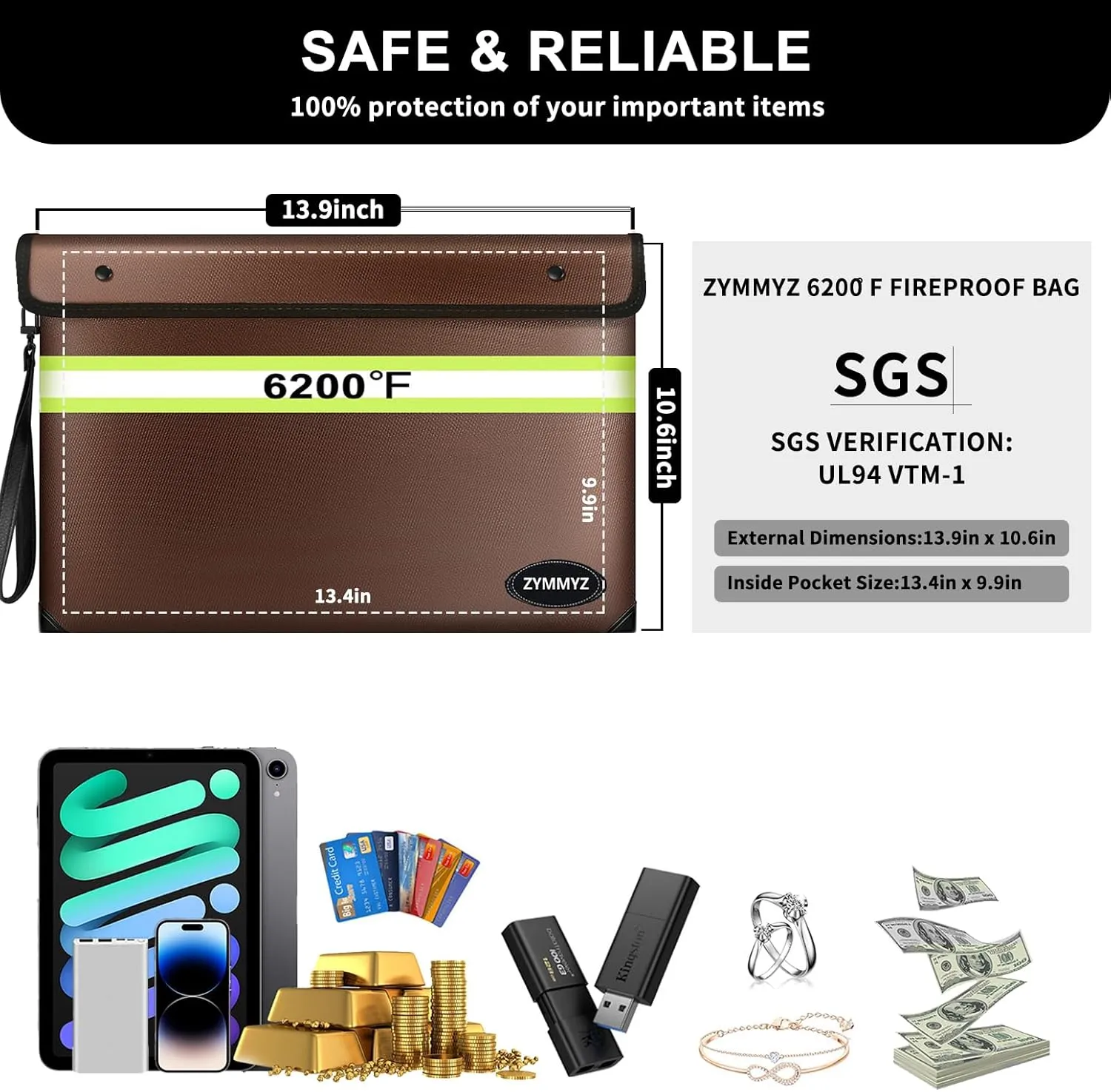 Upgraded Fireproof Document Bag with Zipper, 9 Layers of Heat Insulated Materials, 6200F Fireproof Money Bag for Cash, Valuables and Important Documents