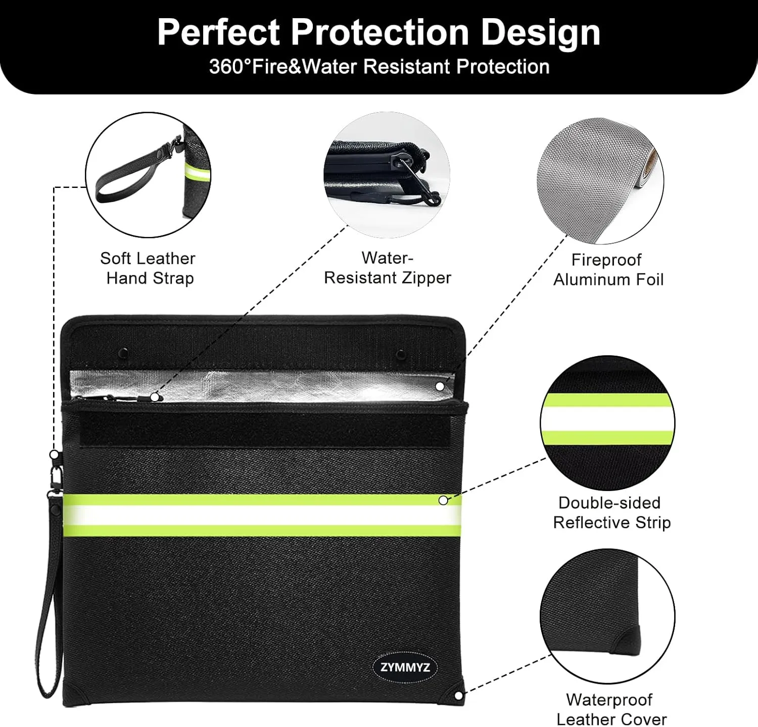 Upgraded Insulated Fire Proof Money Bag for Cash,6200℉ Fireproof and Waterproof Document Pouch with Water Resistant Zipper,Fireproof Envelopes for Important Documents,Valuables