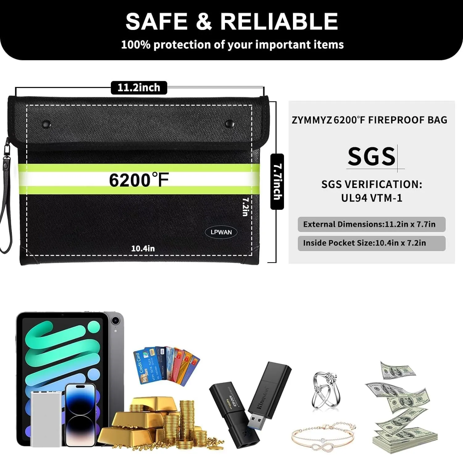 Upgraded Insulated Fire Proof Money Bag for Cash,6200℉ Fireproof and Waterproof Document Pouch with Water Resistant Zipper,Fireproof Envelopes for Important Documents,Valuables