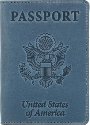 US Leather Passport Book Cover - Thin American Travel Passport Holder - Premium International USA Passport Protector Case for Women Men (Light Blue Vintage)