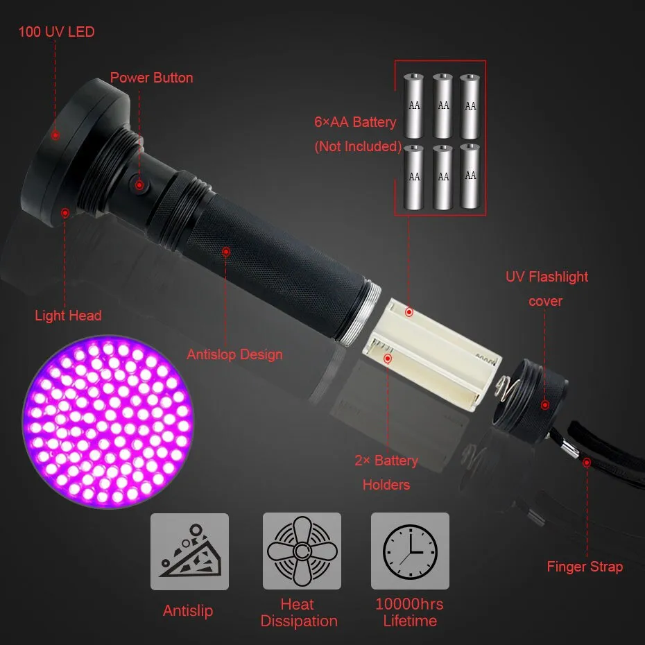 UV Flashlight 10W 100 LEDs 395 nm UV LED Disinfection Torch Back Detector Light for Dog Cat Urine Pet Stains Bed Bugs Scorpions Anti-counterfeiting