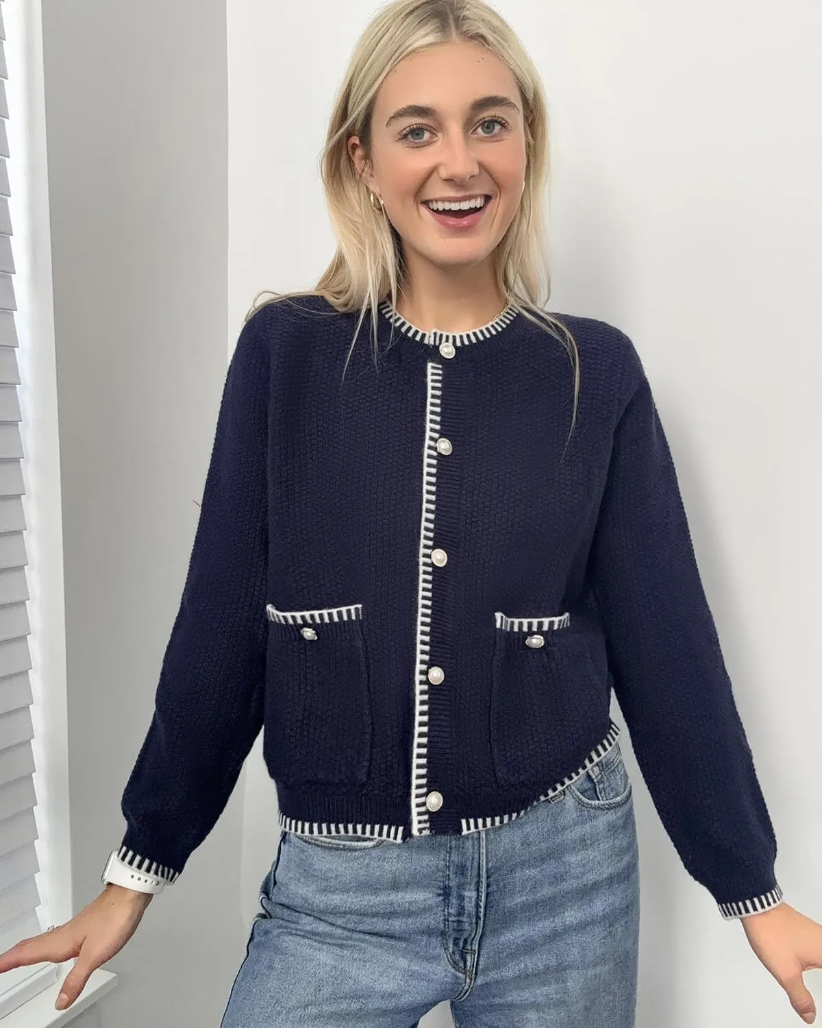 V FOR CITY Cardigan Blazers for Women Knit Tweed Jacket Winter Chunky Cardigans Button Down Sweater Coat with Pockets