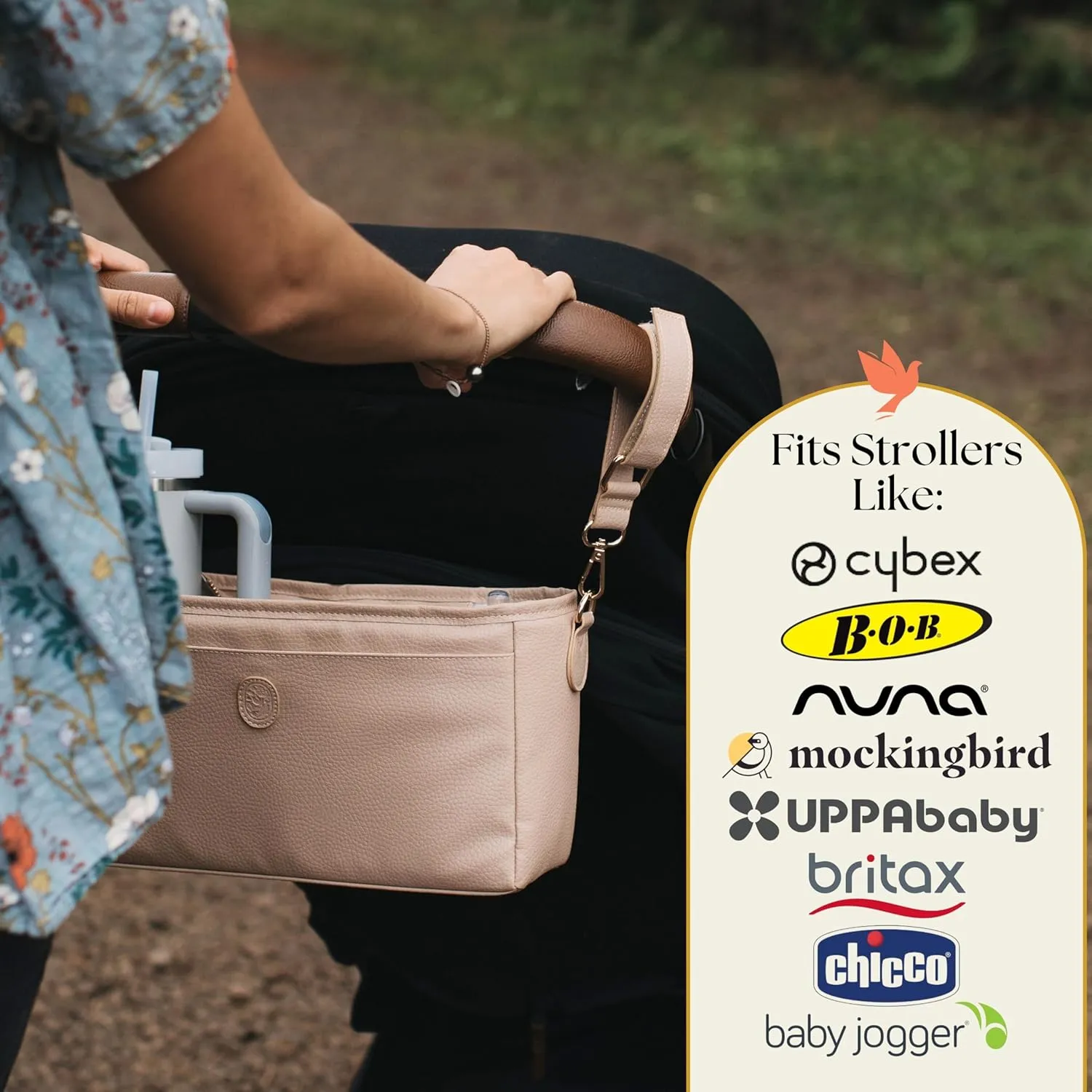 Vegan Leather Stroller Caddy with Cup Holder - Universal Stroller Organizer with Cup Holder, 4 Built-In Pockets, Shoulder Strap, Stroller Cup Holder fits Mockingbird, UppaBaby, Nuna, BOB, and More