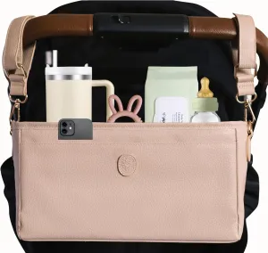 Vegan Leather Stroller Caddy with Cup Holder - Universal Stroller Organizer with Cup Holder, 4 Built-In Pockets, Shoulder Strap, Stroller Cup Holder fits Mockingbird, UppaBaby, Nuna, BOB, and More