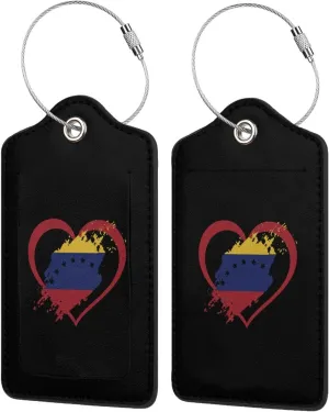 Venezuela Flag Heart Leather Baggage Bag Luggage Tags with Stainless Steel Loop and Privacy Cover, 4 PCS, Black