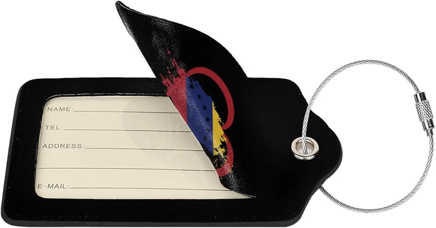 Venezuela Flag Heart Leather Baggage Bag Luggage Tags with Stainless Steel Loop and Privacy Cover, 4 PCS, Black