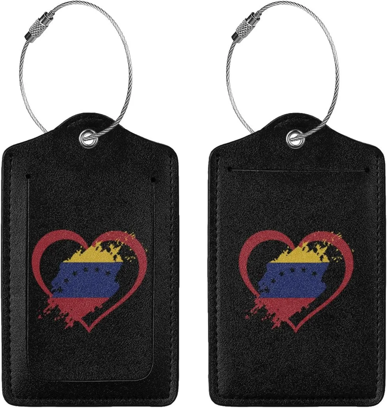 Venezuela Flag Heart Leather Baggage Bag Luggage Tags with Stainless Steel Loop and Privacy Cover, 4 PCS, Black