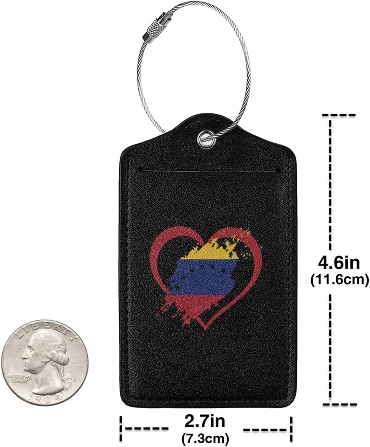 Venezuela Flag Heart Leather Baggage Bag Luggage Tags with Stainless Steel Loop and Privacy Cover, 4 PCS, Black