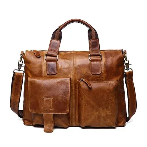 Vintage Laptop Briefcases Genuine Leather Men Tote