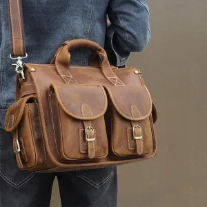 Vintage Leather Work Briefcase Messenger Bag for Men, Brown, One Size