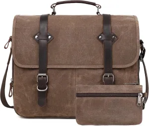 Vintage Messenger Bag 15.6 Inch Waterproof Genuine Leather Waxed Canvas Briefcase Large Leather Computer Laptop Bag