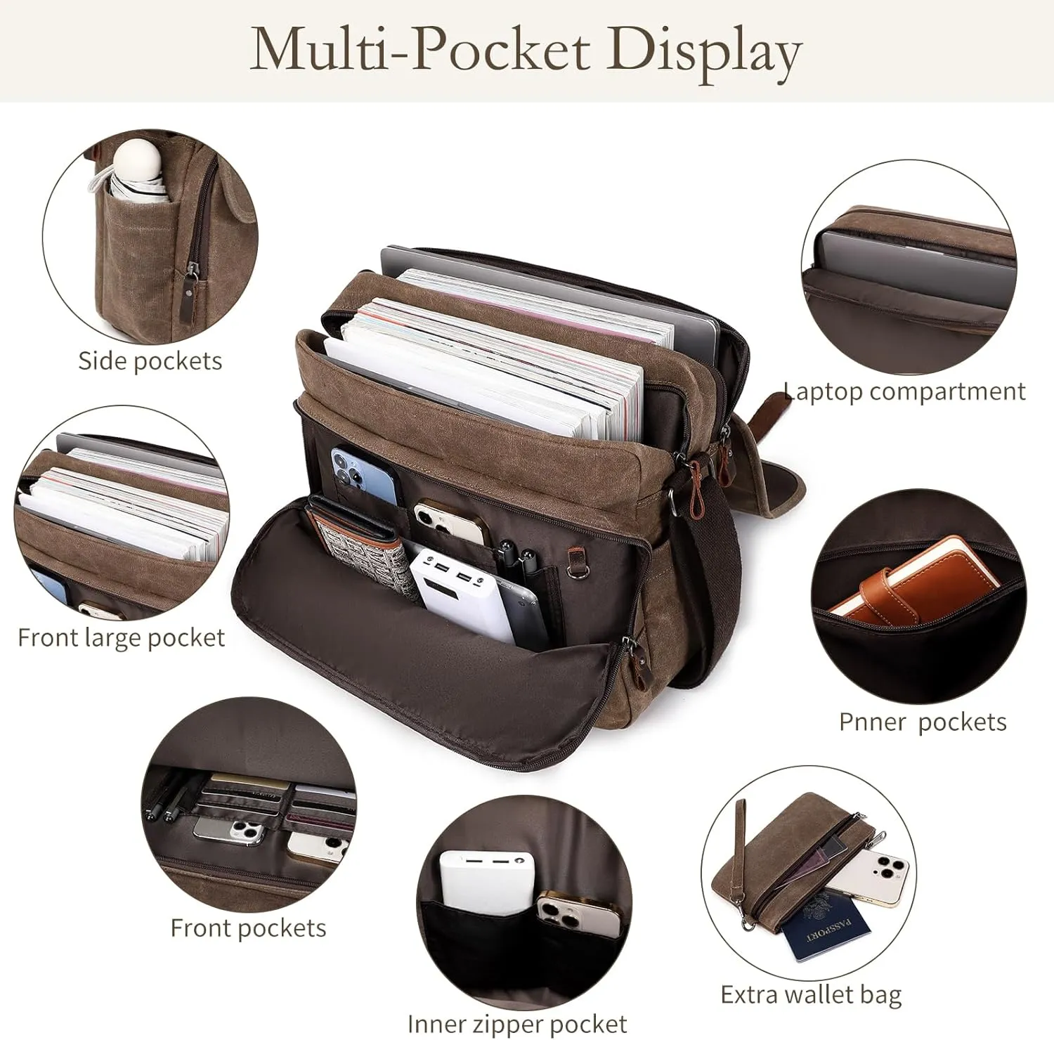 Vintage Messenger Bag 15.6 Inch Waterproof Genuine Leather Waxed Canvas Briefcase Large Leather Computer Laptop Bag