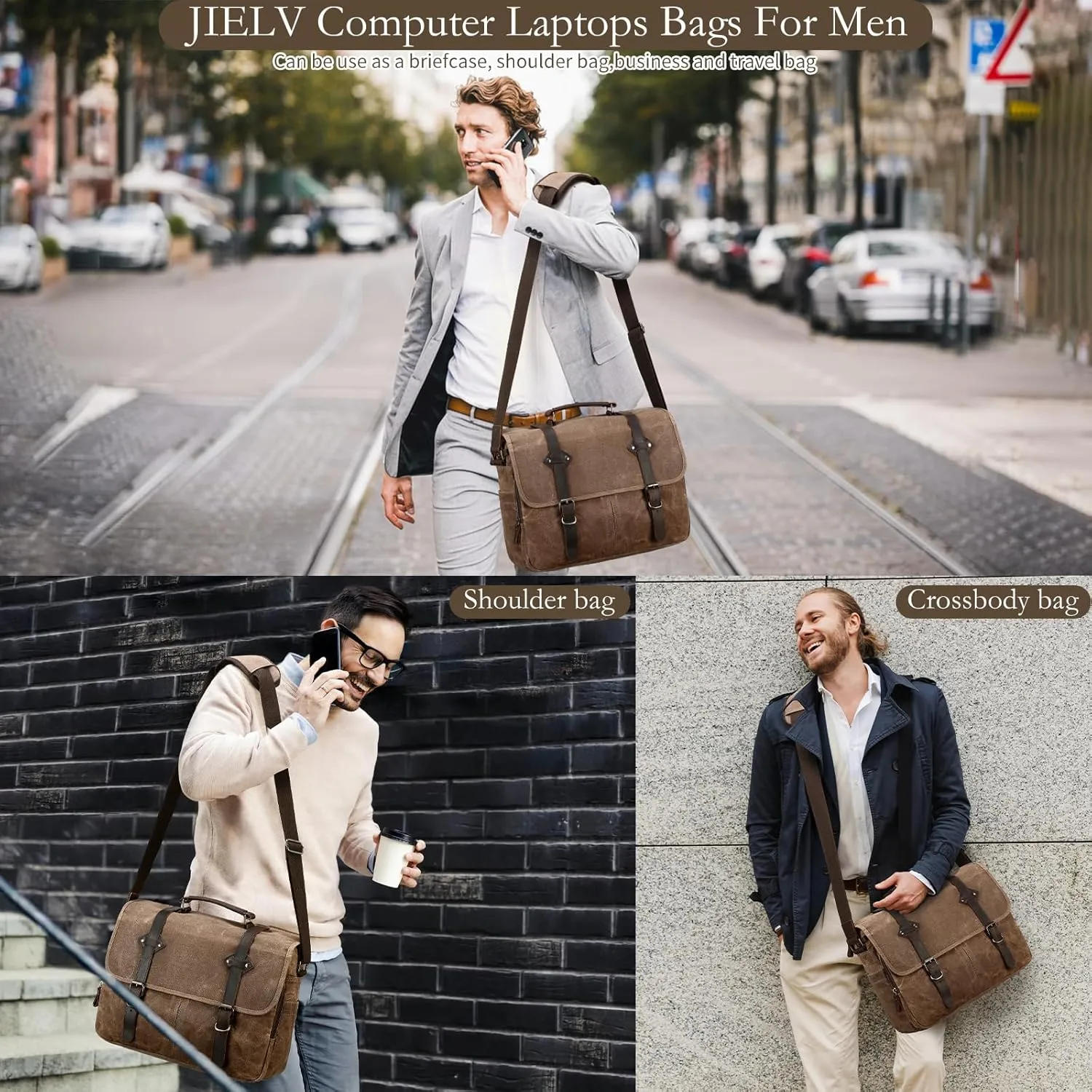 Vintage Messenger Bag 15.6 Inch Waterproof Genuine Leather Waxed Canvas Briefcase Large Leather Computer Laptop Bag
