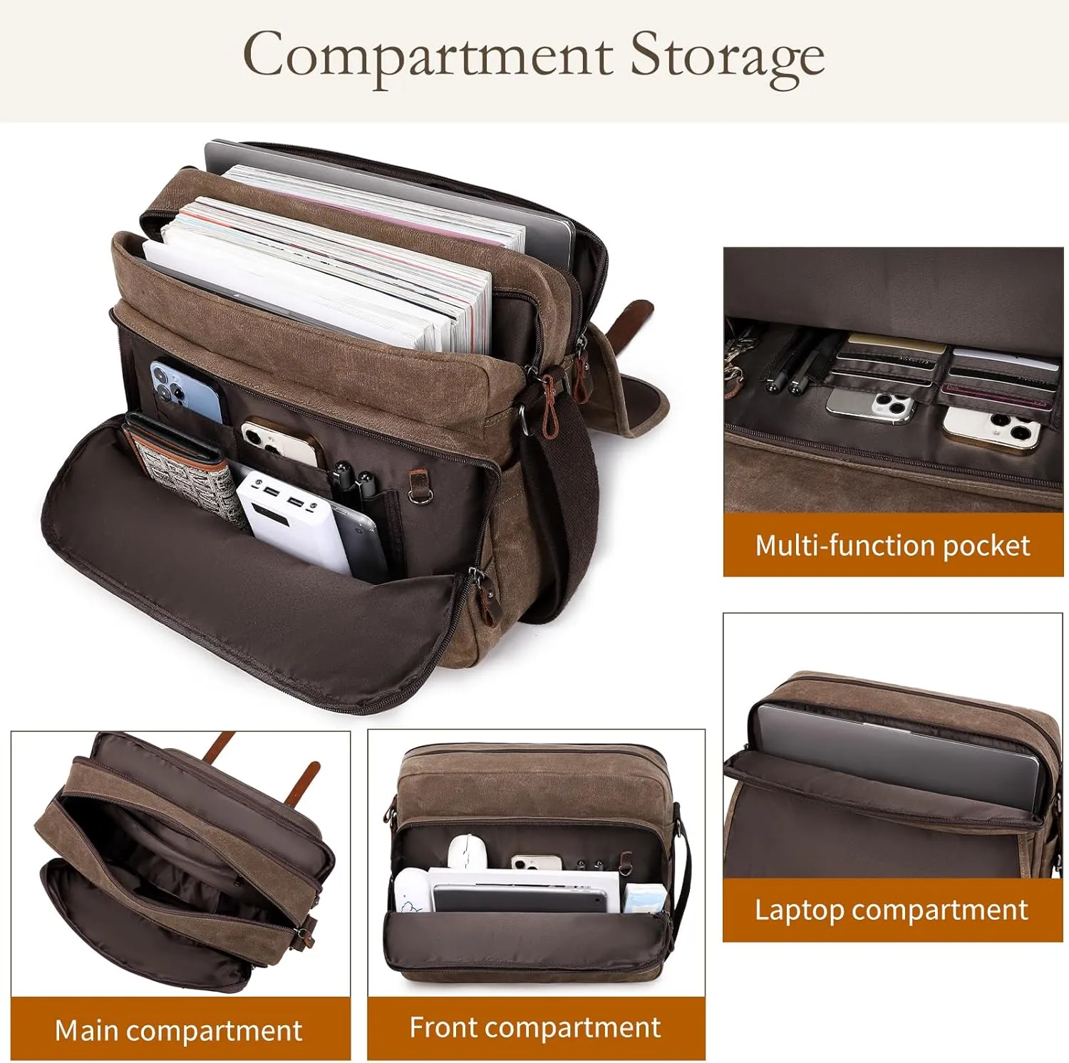 Vintage Messenger Bag 15.6 Inch Waterproof Genuine Leather Waxed Canvas Briefcase Large Leather Computer Laptop Bag