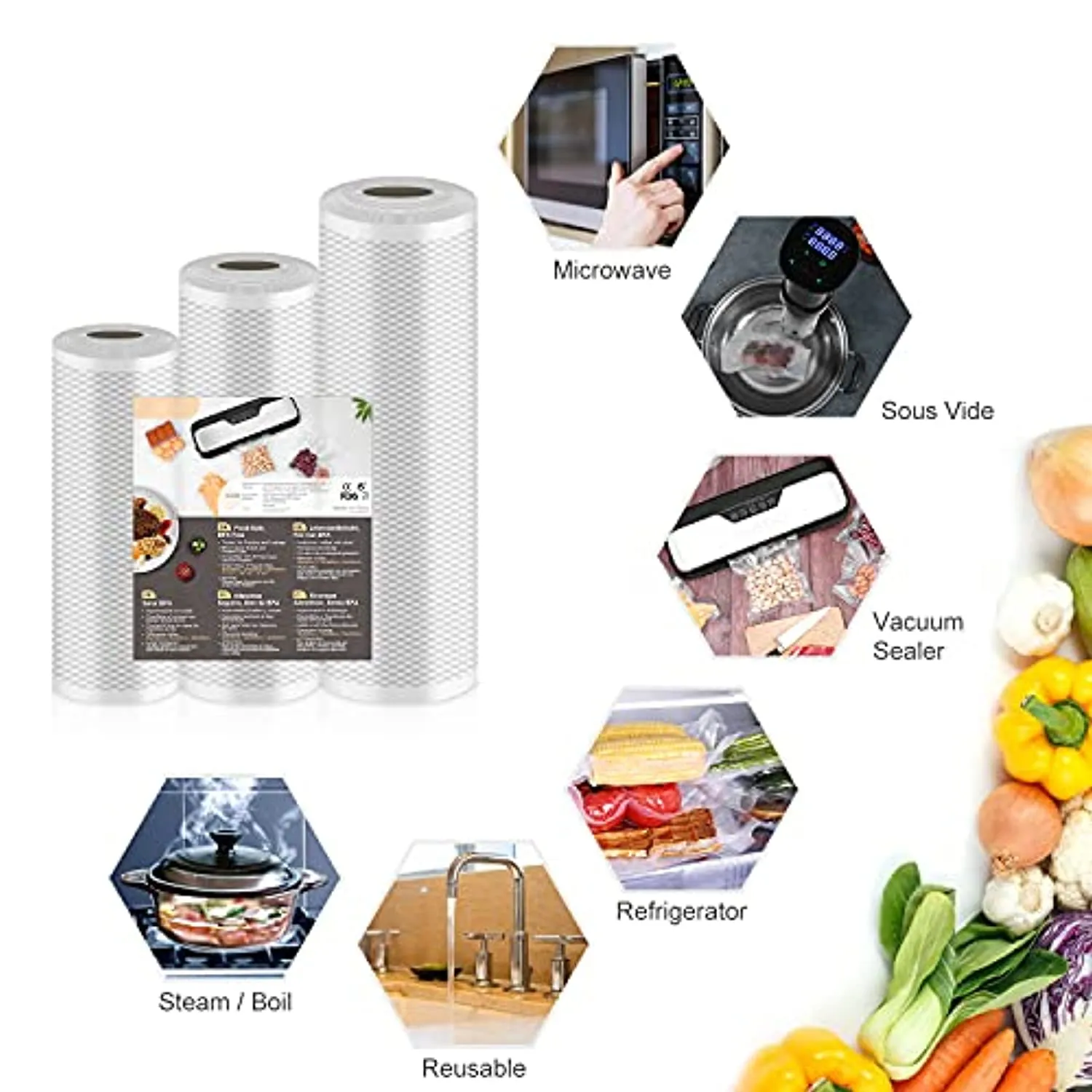 Vpcok Direct Vacuum Sealer Bags for Food Saver Vacuum Sealer Bags Rolls 8'' x 10', 10'' x 10', 11'' x 10' 3 Pack Vacuum Seal Bags for Food Fit Food Saver Vacuum Sealer Sous Vide Bags Food Vac Storage Meal Prep