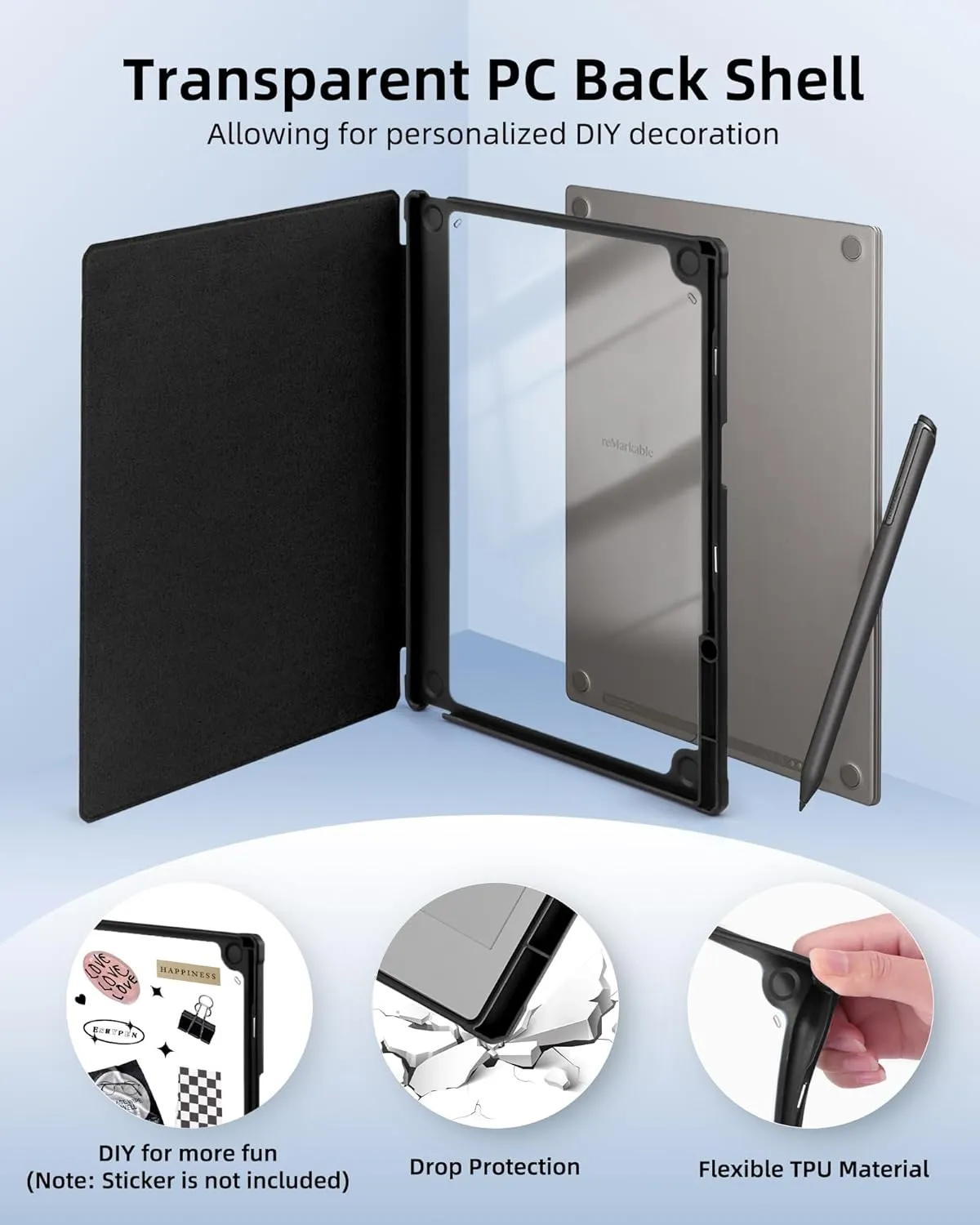 WALNEW Case for Remarkable Paper Pro, Transparent Hard PC Back Book Folio Shell with Pen Holder, Protective Cover for Remarkable Paper Pro 11.8" Color Tablet (2024), Black