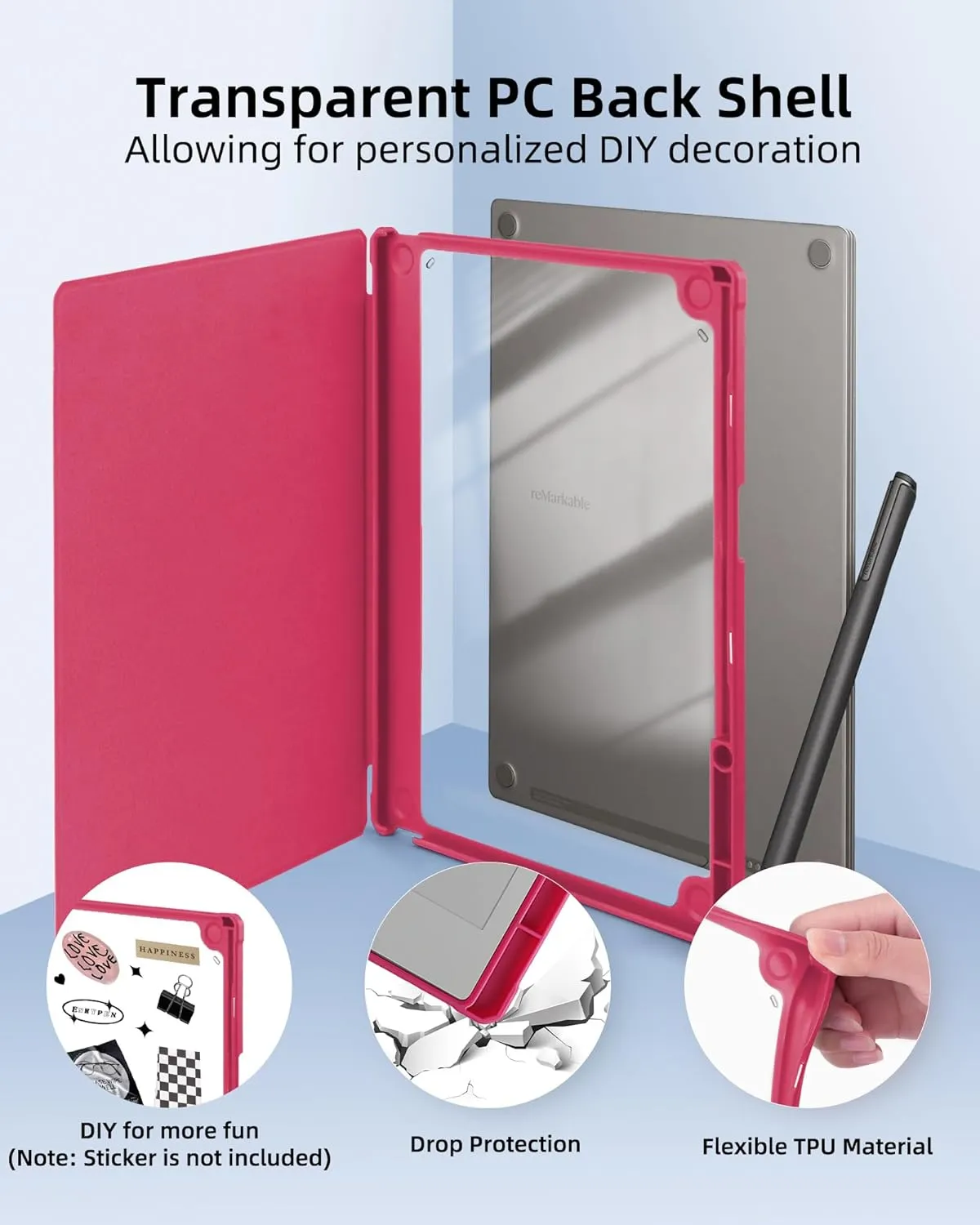 WALNEW Case for Remarkable Paper Pro, Transparent Hard PC Back Book Folio Shell with Pen Holder, Protective Cover for Remarkable Paper Pro 11.8" Color Tablet (2024), Hotpink