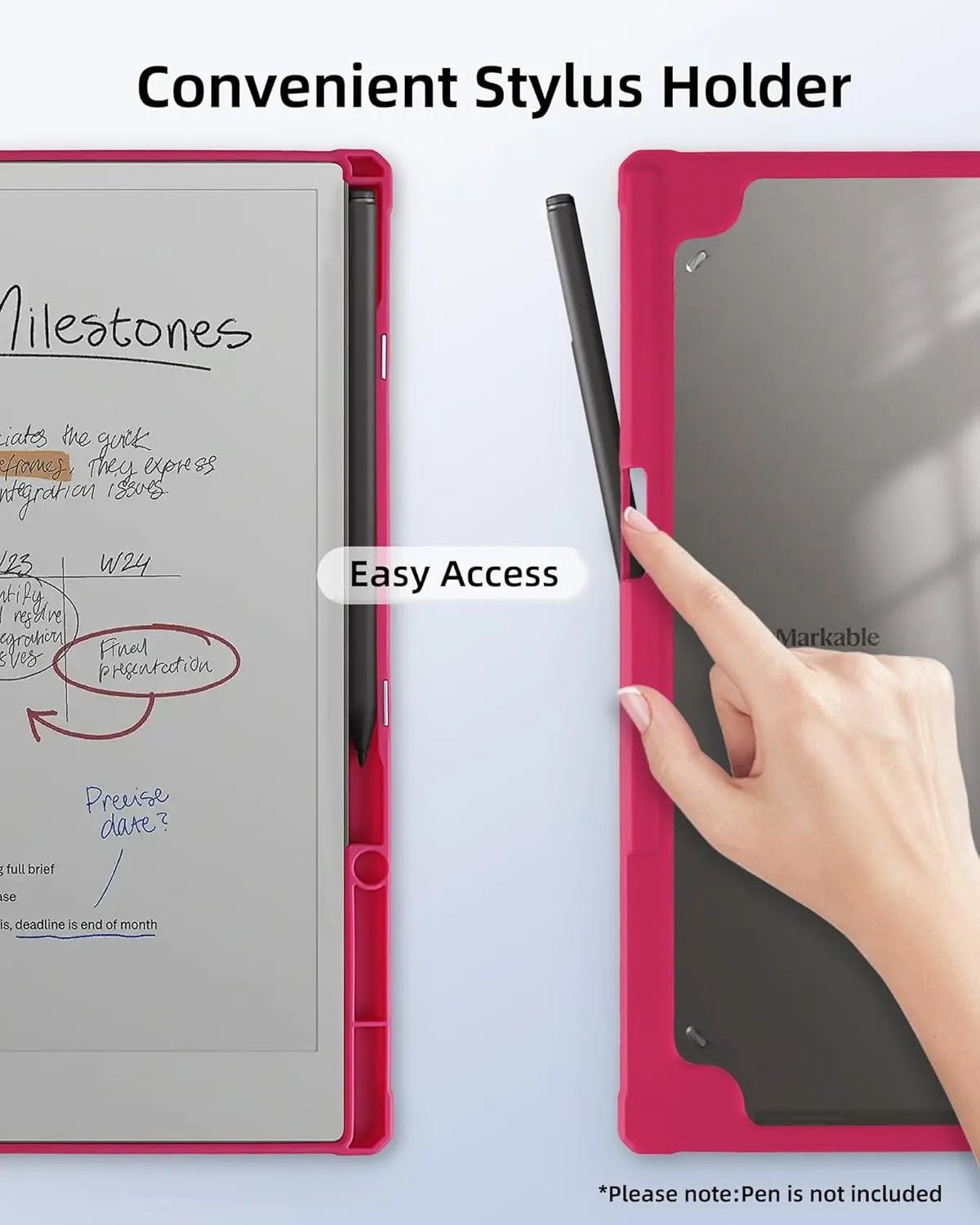 WALNEW Case for Remarkable Paper Pro, Transparent Hard PC Back Book Folio Shell with Pen Holder, Protective Cover for Remarkable Paper Pro 11.8" Color Tablet (2024), Hotpink