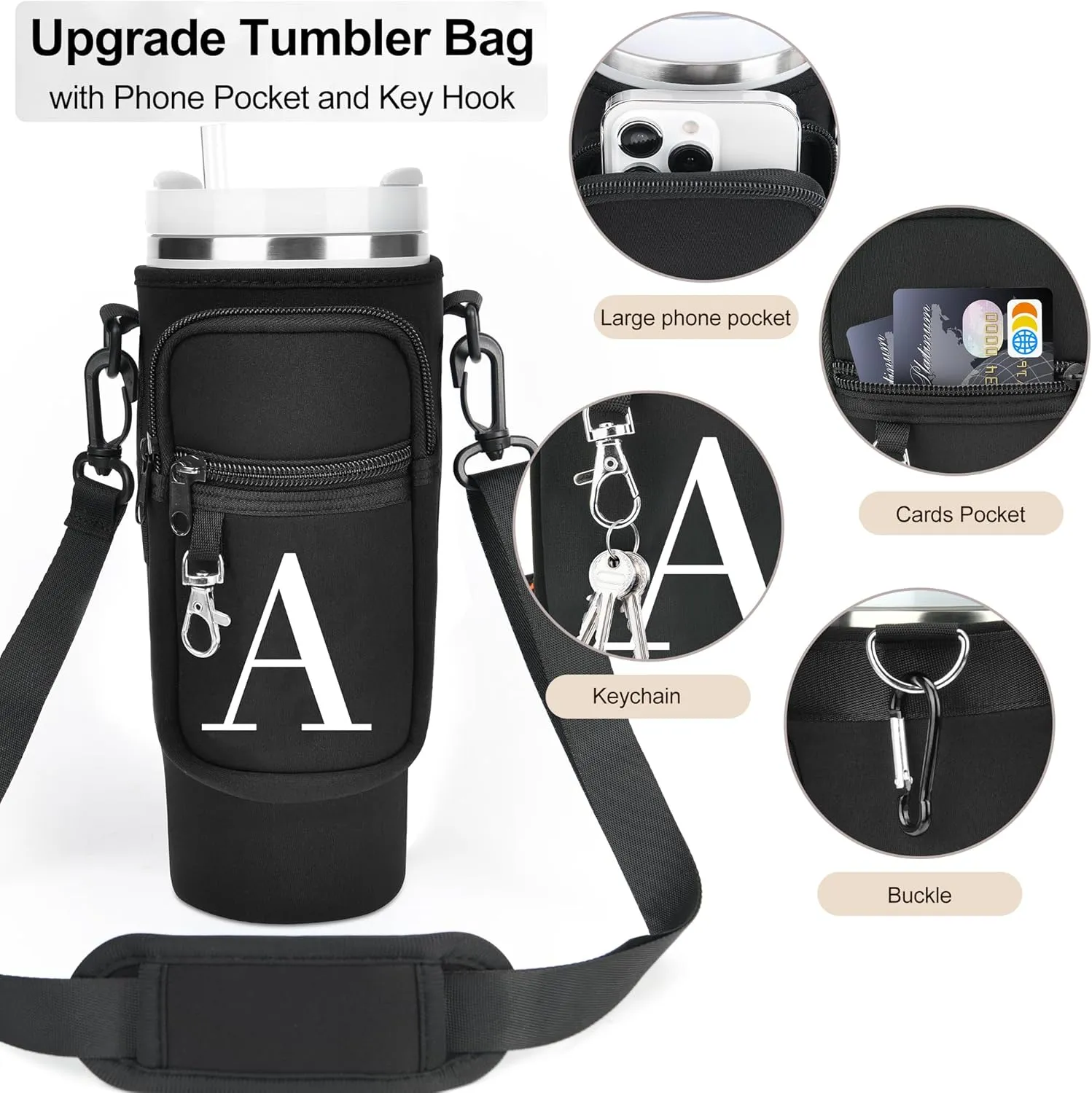 Water Bottle Holder with Adjustable Strap for Stanley Cup 40 oz Tumbler with Handle, Personalized Initial, Neoprene Water Bottle Carrier Bag with Phone Pocket & Carabiner for Stanley Cup Accessories