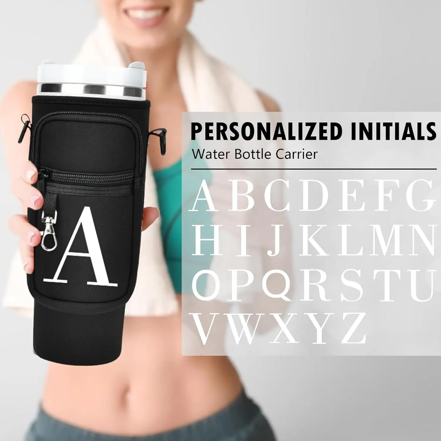 Water Bottle Holder with Adjustable Strap for Stanley Cup 40 oz Tumbler with Handle, Personalized Initial, Neoprene Water Bottle Carrier Bag with Phone Pocket & Carabiner for Stanley Cup Accessories