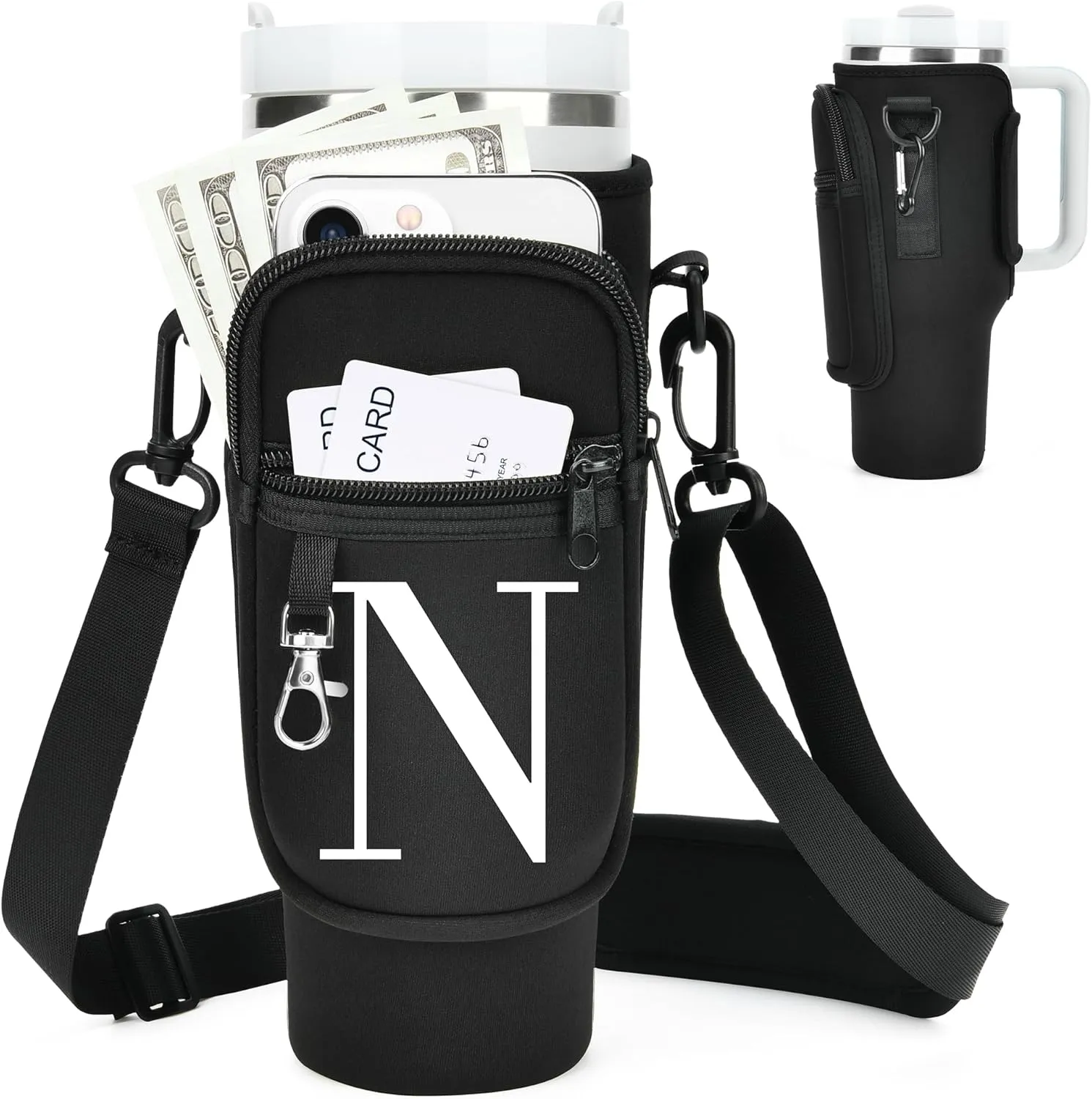 Water Bottle Holder with Adjustable Strap for Stanley Cup 40 oz Tumbler with Handle, Personalized Initial, Neoprene Water Bottle Carrier Bag with Phone Pocket & Carabiner for Stanley Cup Accessories