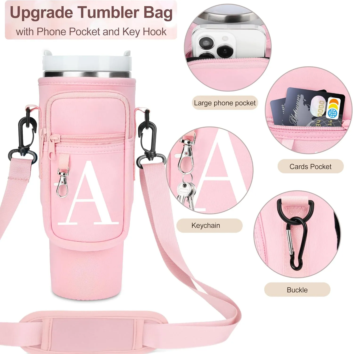 Water Bottle Holder with Adjustable Strap for Stanley Cup 40 oz Tumbler with Handle, Personalized Initial, Neoprene Water Bottle Carrier Bag with Phone Pocket & Carabiner for Stanley Cup Accessories