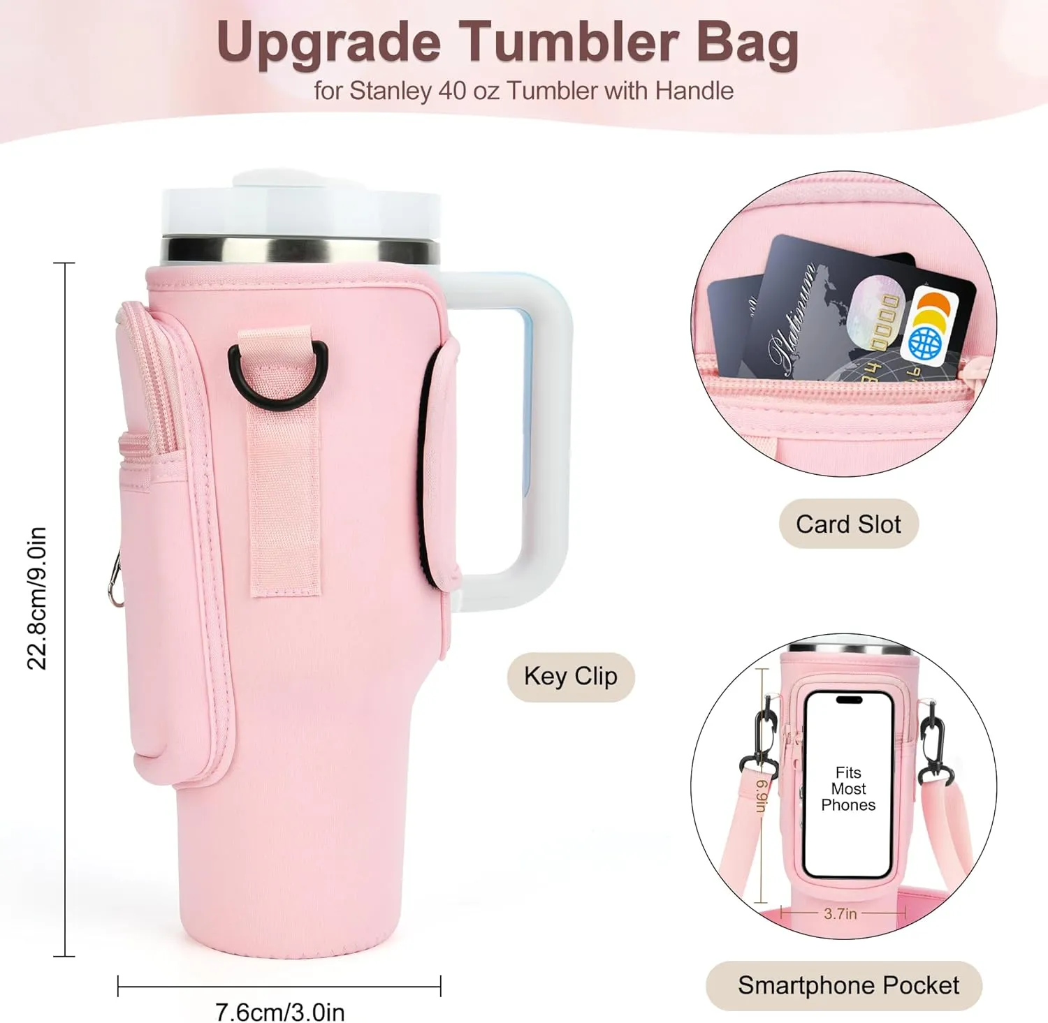 Water Bottle Holder with Adjustable Strap for Stanley Cup 40 oz Tumbler with Handle, Personalized Initial, Neoprene Water Bottle Carrier Bag with Phone Pocket & Carabiner for Stanley Cup Accessories