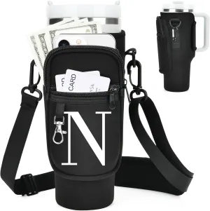 Water Bottle Holder with Adjustable Strap for Stanley Cup 40 oz Tumbler with Handle, Personalized Initial, Neoprene Water Bottle Carrier Bag with Phone Pocket & Carabiner for Stanley Cup Accessories