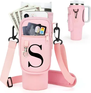 Water Bottle Holder with Adjustable Strap for Stanley Cup 40 oz Tumbler with Handle, Personalized Initial, Neoprene Water Bottle Carrier Bag with Phone Pocket & Carabiner for Stanley Cup Accessories