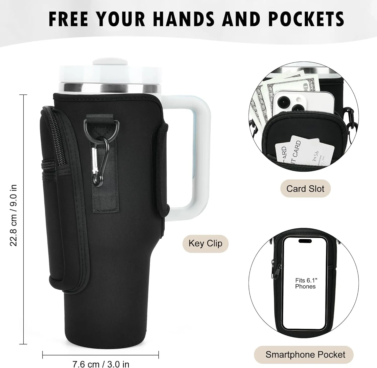Water Bottle Holder with Adjustable Strap for Stanley Cup 40 oz Tumbler with Handle, Personalized Initial, Neoprene Water Bottle Carrier Bag with Phone Pocket & Carabiner for Stanley Cup Accessories