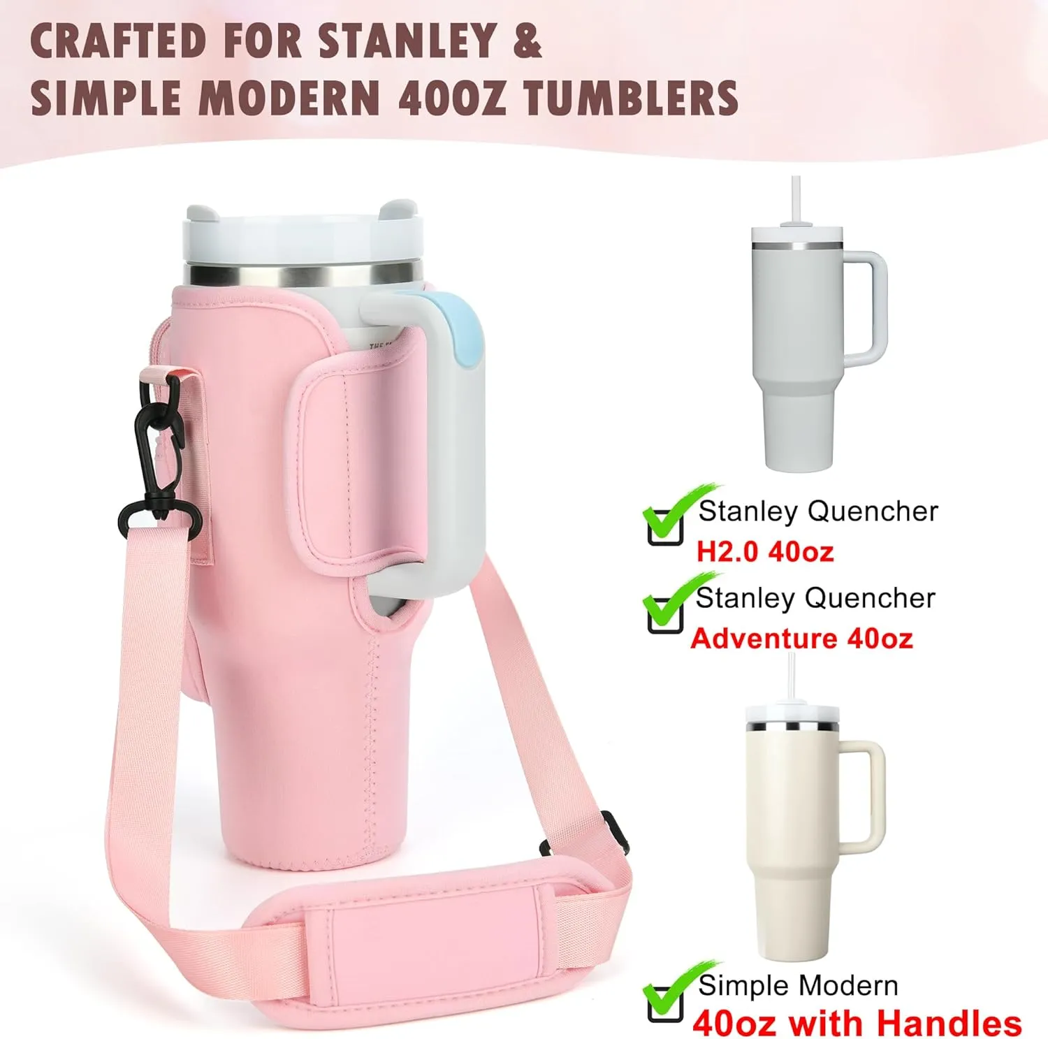 Water Bottle Holder with Adjustable Strap for Stanley Cup 40 oz Tumbler with Handle, Personalized Initial, Neoprene Water Bottle Carrier Bag with Phone Pocket & Carabiner for Stanley Cup Accessories