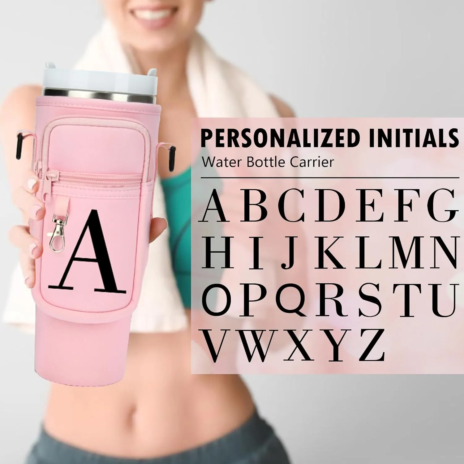 Water Bottle Holder with Adjustable Strap for Stanley Cup 40 oz Tumbler with Handle, Personalized Initial, Neoprene Water Bottle Carrier Bag with Phone Pocket & Carabiner for Stanley Cup Accessories