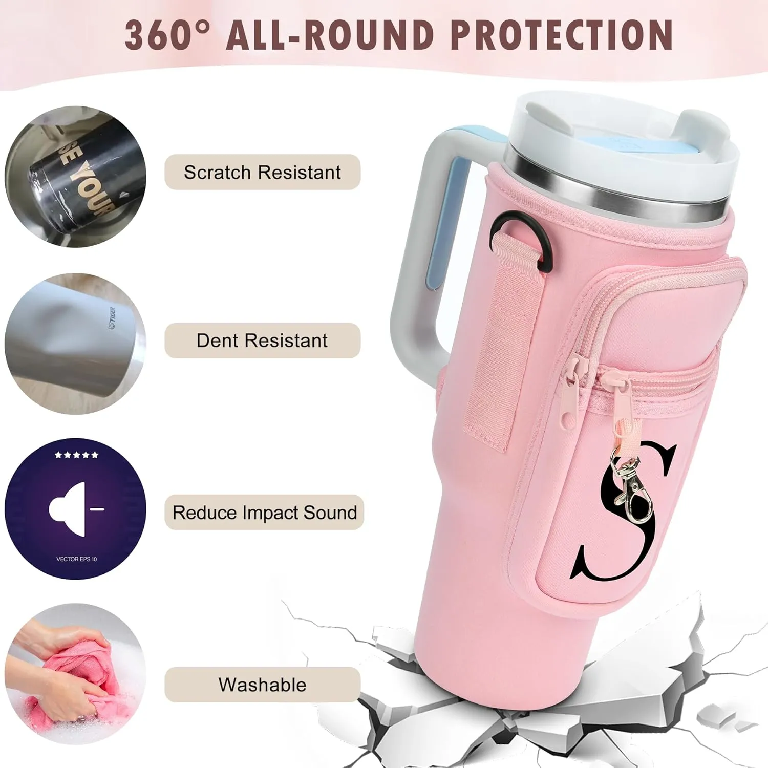 Water Bottle Holder with Adjustable Strap for Stanley Cup 40 oz Tumbler with Handle, Personalized Initial, Neoprene Water Bottle Carrier Bag with Phone Pocket & Carabiner for Stanley Cup Accessories