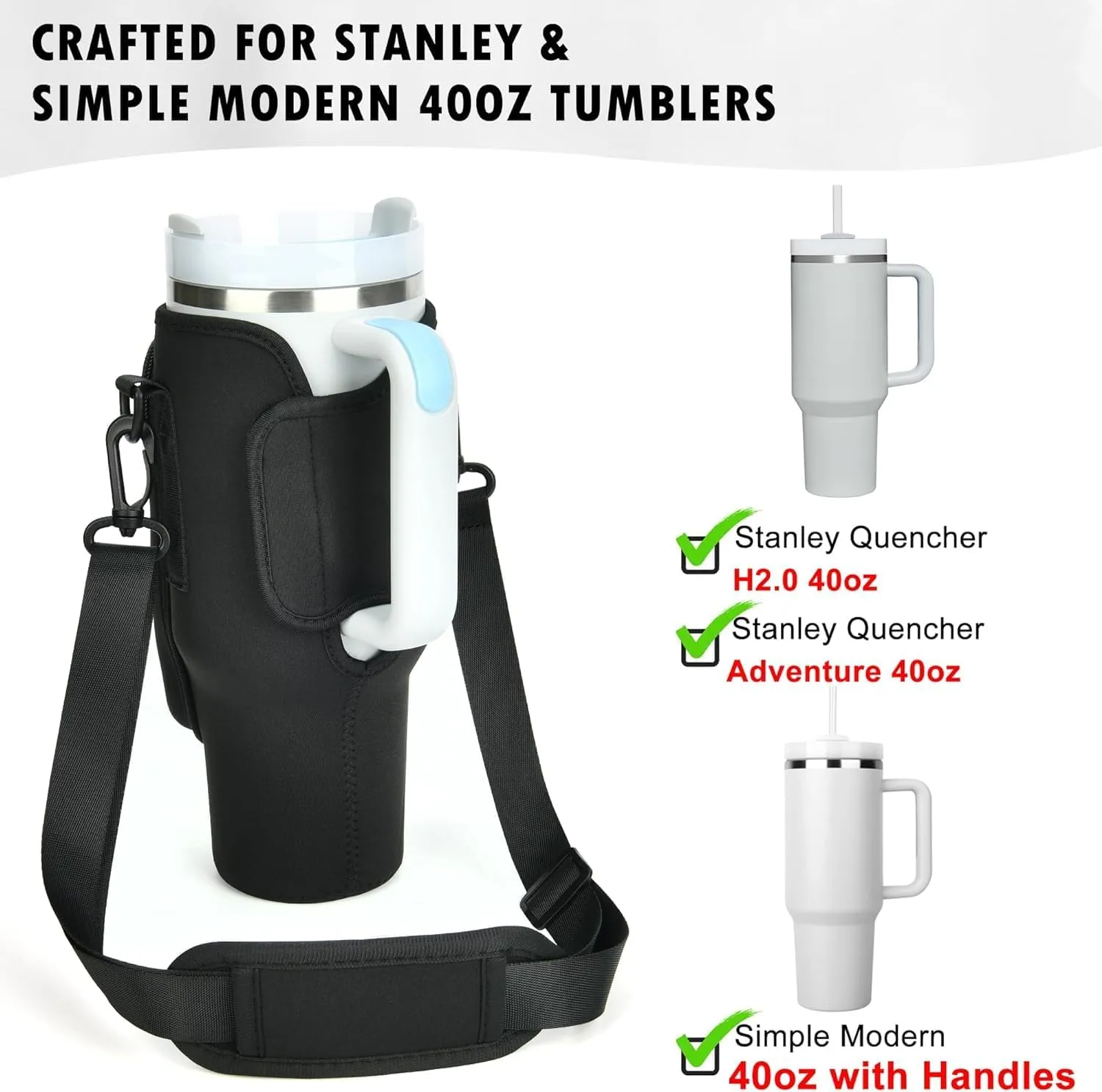 Water Bottle Holder with Adjustable Strap for Stanley Cup 40 oz Tumbler with Handle, Personalized Initial, Neoprene Water Bottle Carrier Bag with Phone Pocket & Carabiner for Stanley Cup Accessories