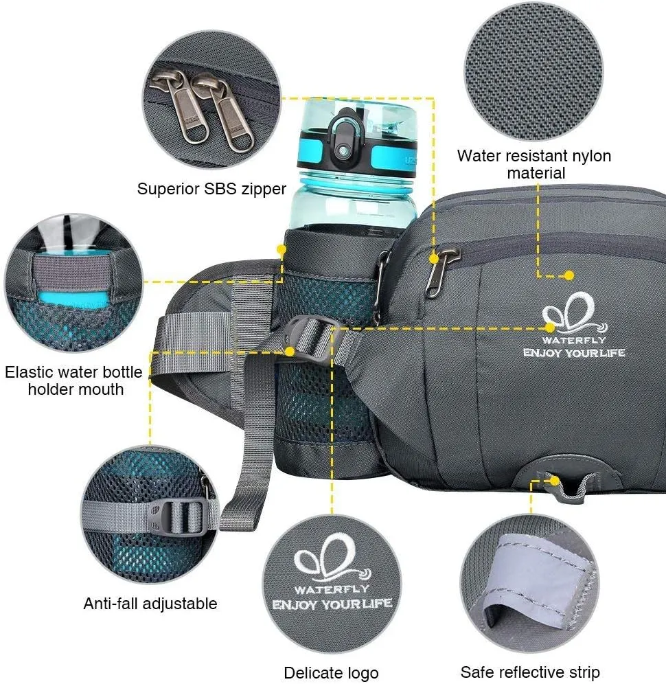 WATERFLY Fanny Pack Waist Bag: Fannie Pack 2 Water Bottle Holders Lumbar Belt Hiking Walking Running Jogging Camping Large Woman Man (Bottle Not Included）