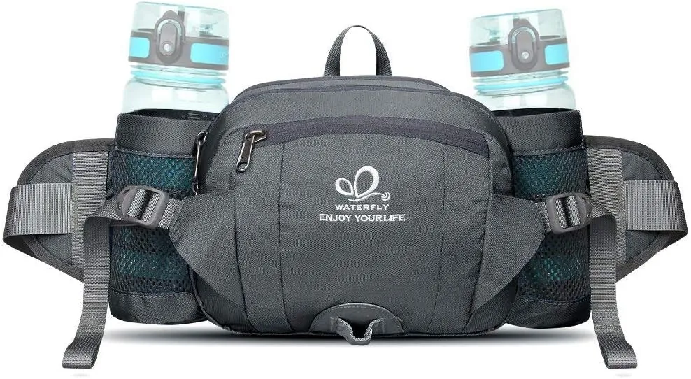 WATERFLY Fanny Pack Waist Bag: Fannie Pack 2 Water Bottle Holders Lumbar Belt Hiking Walking Running Jogging Camping Large Woman Man (Bottle Not Included）
