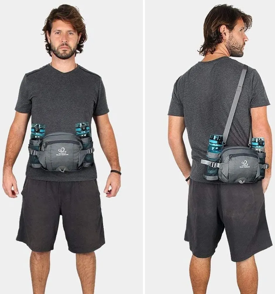 WATERFLY Fanny Pack Waist Bag: Fannie Pack 2 Water Bottle Holders Lumbar Belt Hiking Walking Running Jogging Camping Large Woman Man (Bottle Not Included）