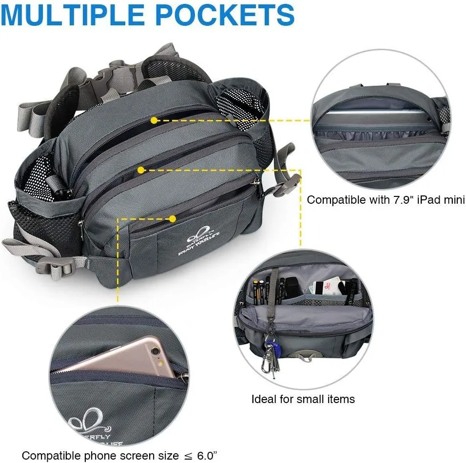 WATERFLY Fanny Pack Waist Bag: Fannie Pack 2 Water Bottle Holders Lumbar Belt Hiking Walking Running Jogging Camping Large Woman Man (Bottle Not Included）