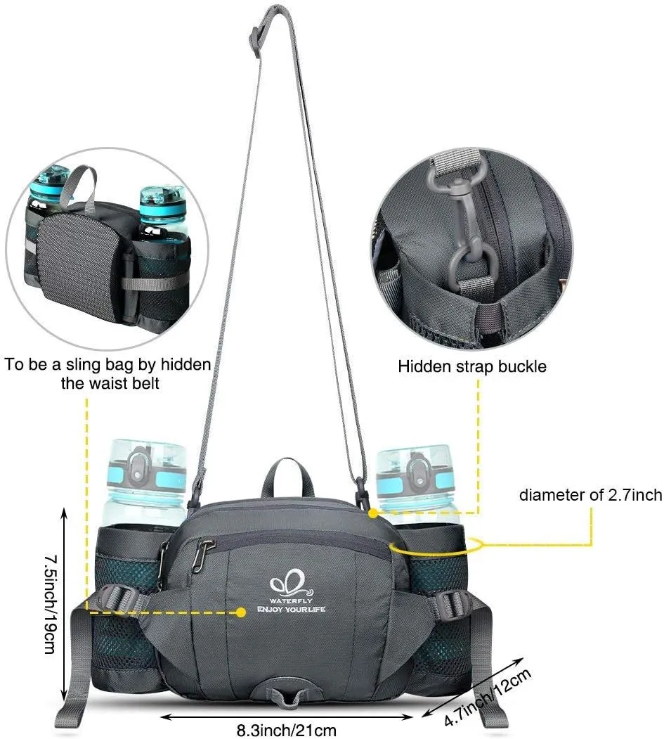 WATERFLY Fanny Pack Waist Bag: Fannie Pack 2 Water Bottle Holders Lumbar Belt Hiking Walking Running Jogging Camping Large Woman Man (Bottle Not Included）